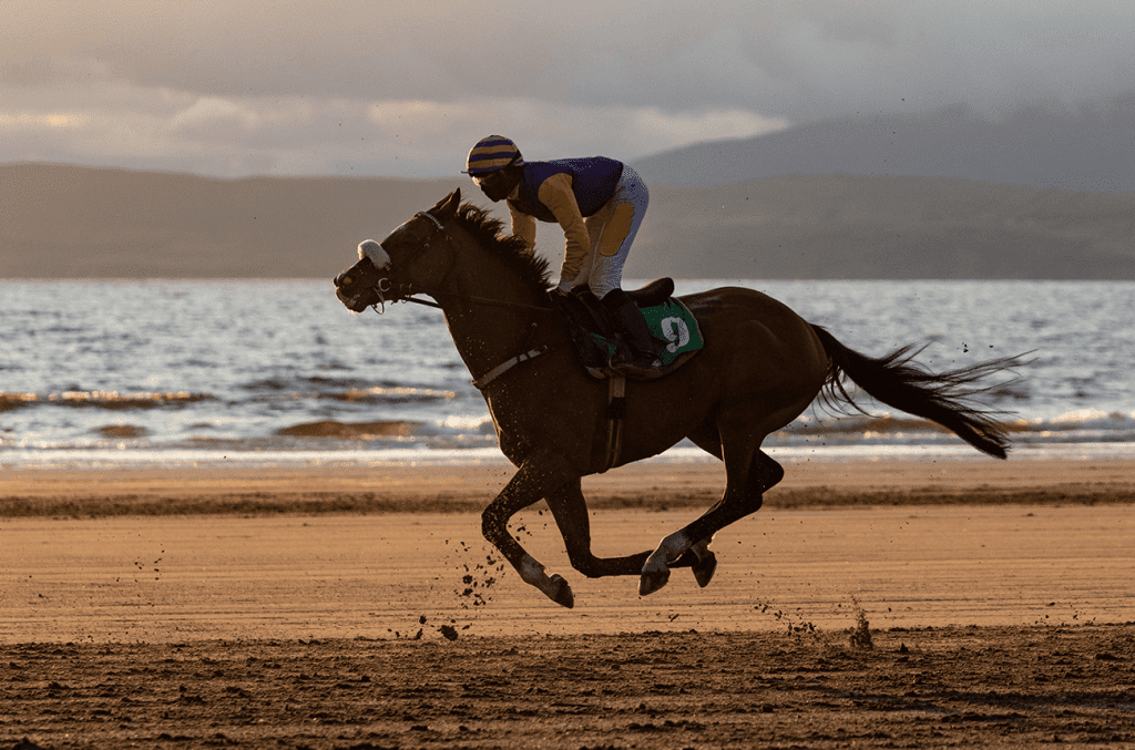 A jockey and their horse, riding alongside the shore of a beach.